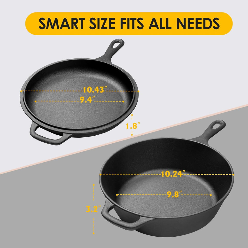 2-In-1 Cast Iron Dutch Oven Pot with Skillet Lid Set, 10" Skillet 3. Pre-Seasoned.