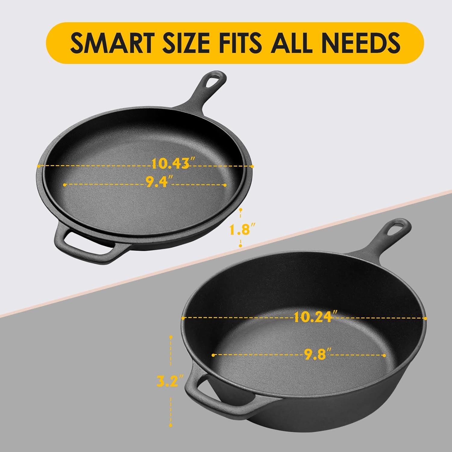 2-In-1 Cast Iron Dutch Oven Pot with Skillet Lid Set, 10" Skillet 3. Pre-Seasoned.