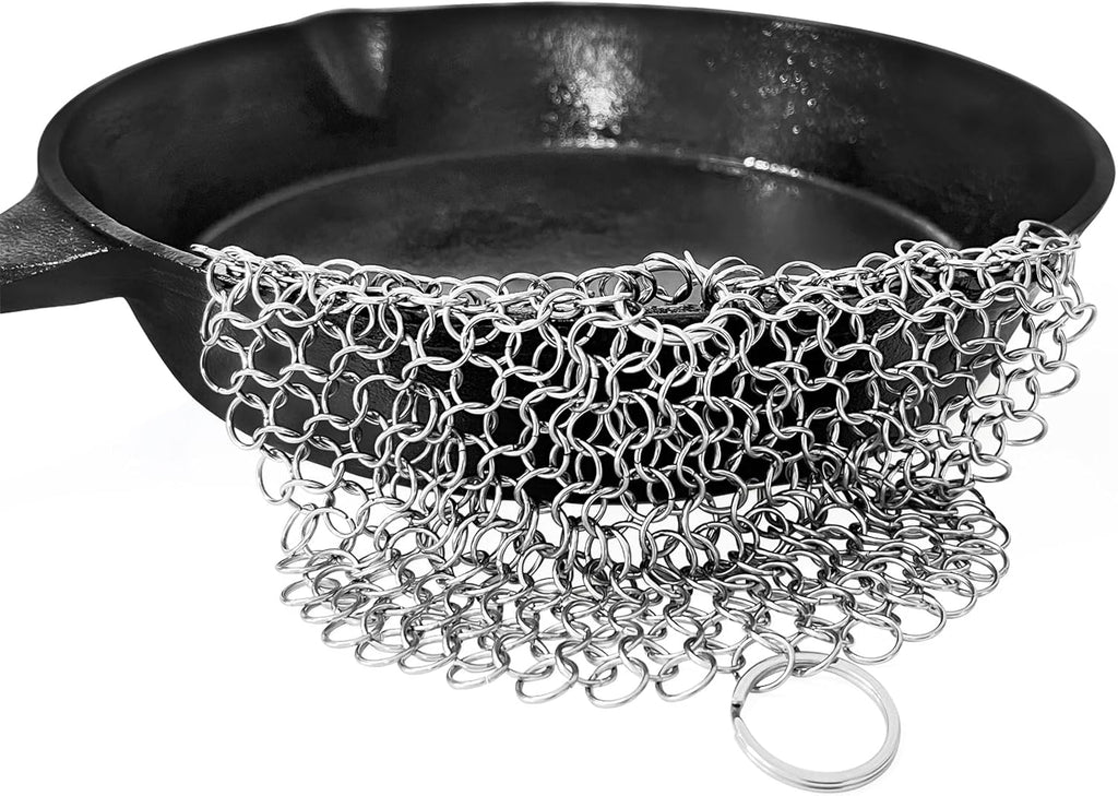 Cast Iron Skillet & Pot Cleaner. Stainless Steel Chainmail Scrubber for Cast Iron Pans, Glassware, Dutch Oven, Skillet, Wok and More 