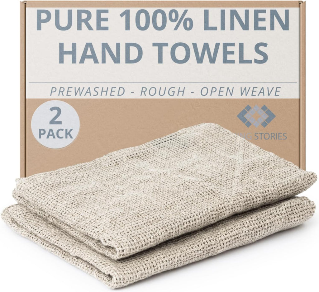 100% Linen Kitchen Towels -  13X29-Inch Waffle Weave Hand Towels for Bathroom Soft Lightweight Stonewashed Tea Towel Set of 2 Natural Quick-Drying Boho Decor
