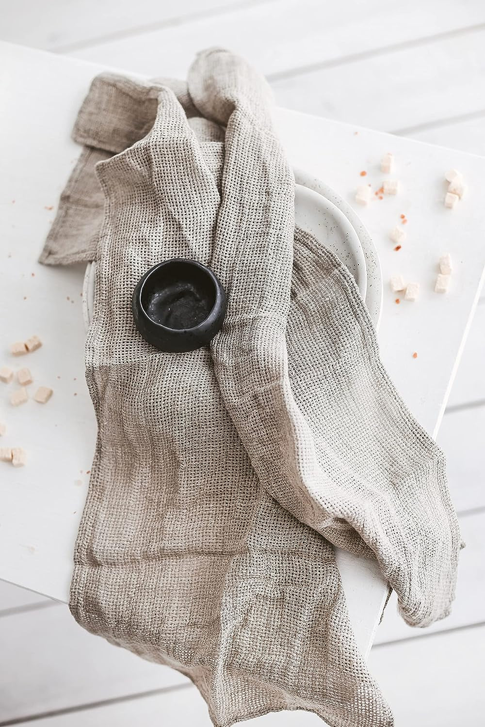 100% Linen Kitchen Towels -  13X29-Inch Waffle Weave Hand Towels for Bathroom Soft Lightweight Stonewashed Tea Towel Set of 2 Natural Quick-Drying Boho Decor