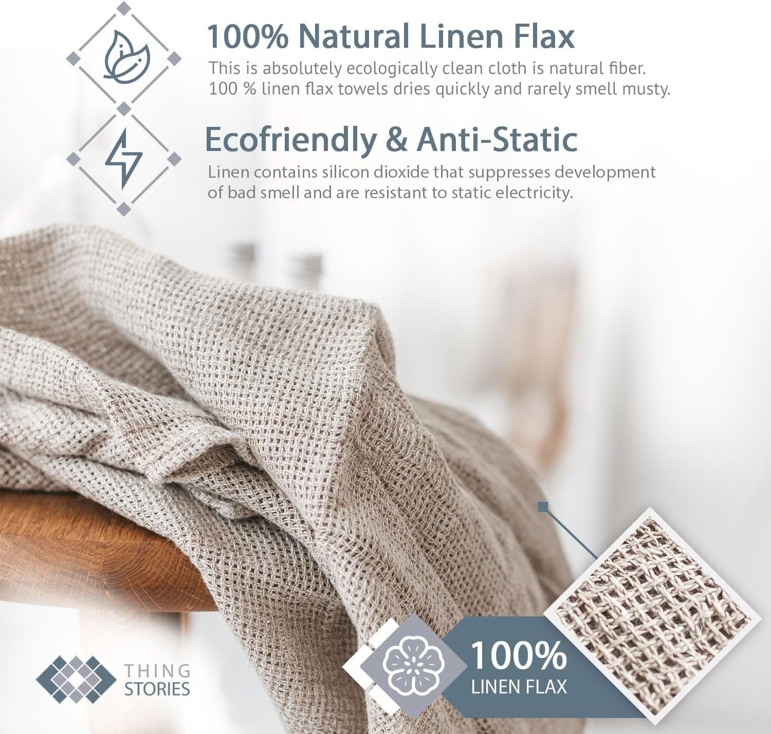 100% Linen Kitchen Towels -  13X29-Inch Waffle Weave Hand Towels for Bathroom Soft Lightweight Stonewashed Tea Towel Set of 2 Natural Quick-Drying Boho Decor