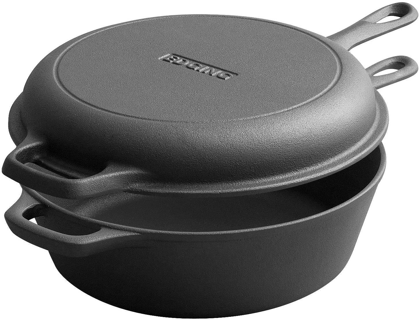 2-In-1 Cast Iron Dutch Oven Pot with Skillet Lid Set, 10" Skillet 3. Pre-Seasoned.
