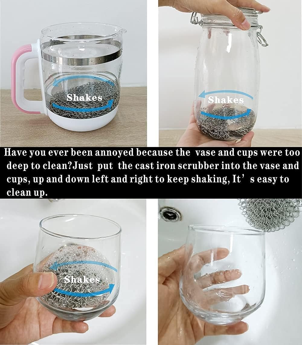 Cast Iron Skillet & Pot Cleaner. Stainless Steel Chainmail Scrubber for Cast Iron Pans, Glassware, Dutch Oven, Skillet, Wok and More 