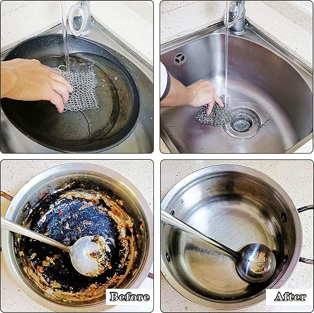 Cast Iron Skillet & Pot Cleaner. Stainless Steel Chainmail Scrubber for Cast Iron Pans, Glassware, Dutch Oven, Skillet, Wok and More 