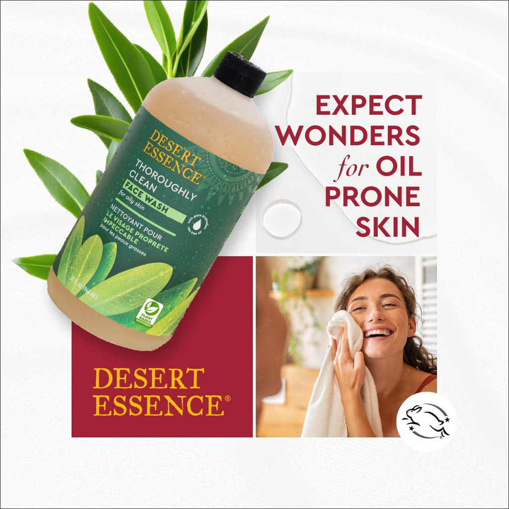 Desert Essence Face Wash with Tea Tree Oil, Castile Soap and Coconut Oil - Organic Facial Cleanser for Sensitive and Oily Skin, Vegan & Cruelty-Free, 32 Fl Oz