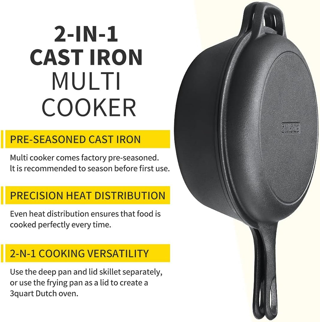 2-In-1 Cast Iron Dutch Oven Pot with Skillet Lid Set, 10" Skillet 3. Pre-Seasoned.