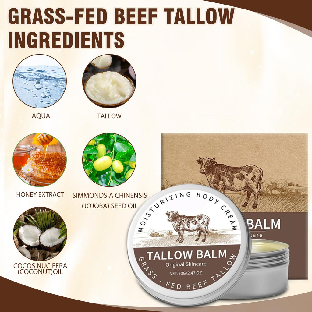 Beef Tallow and Honey Balm - Natural Moisturizing Body Cream for Sensitive Skin, Organic Grass-Fed Beef Tallow