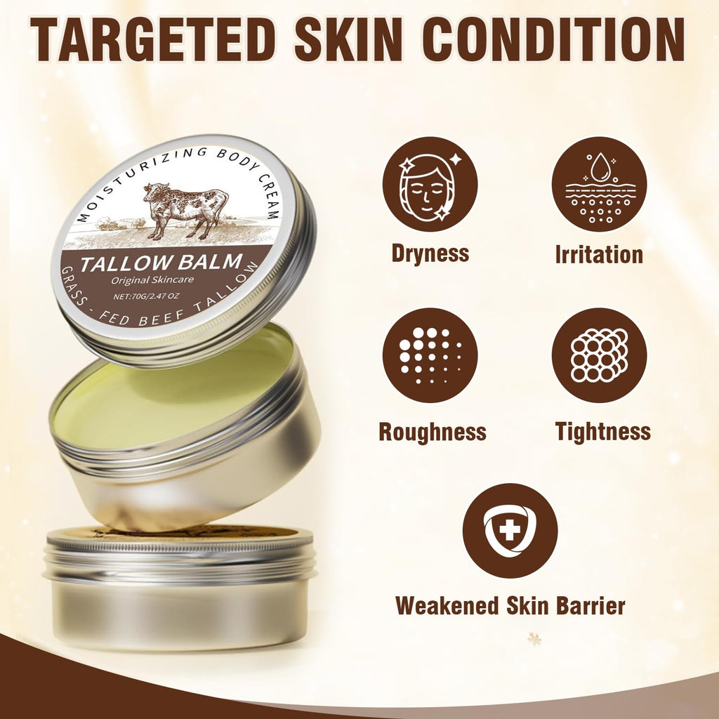 Beef Tallow and Honey Balm - Natural Moisturizing Body Cream for Sensitive Skin, Organic Grass-Fed Beef Tallow