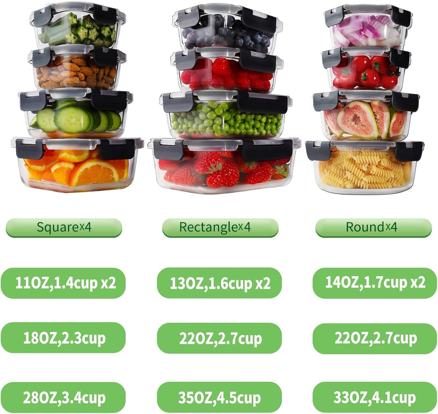 24Pc Glass Food Storage Containers with Lids, Glass Meal Prep Containers with Leak Proof Snap Lock Lids, Airtight Bento Lunch Boxes, Kitchen Storage (12 Lids & 12 Containers) - Black