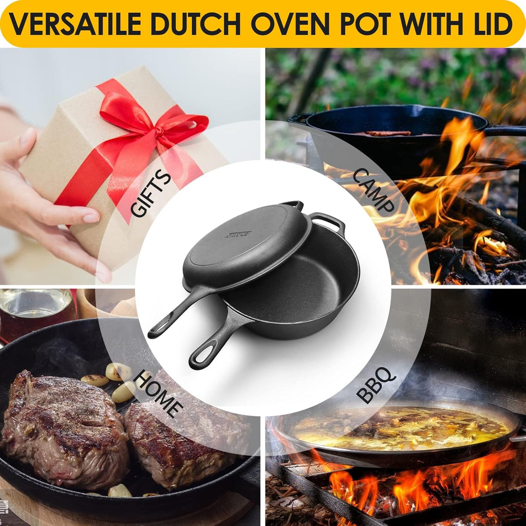 2-In-1 Cast Iron Dutch Oven Pot with Skillet Lid Set, 10" Skillet 3. Pre-Seasoned.