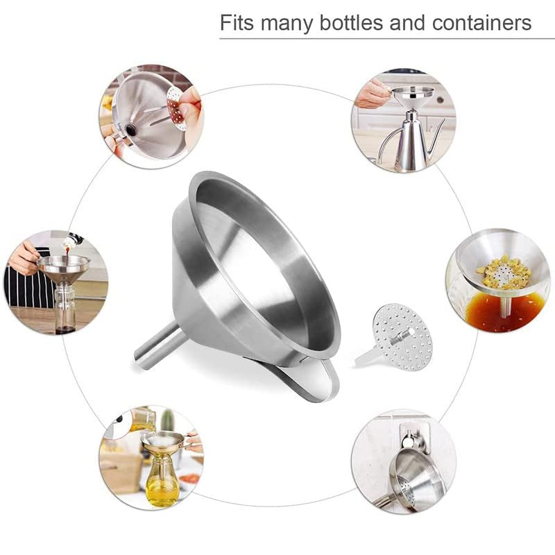 Stainless Steel Funnel, 304 Stainless Steel Kitchen Funnel with 200 Mesh Food Filter Strainer for Transferring Liquids, Oil, Making Jam