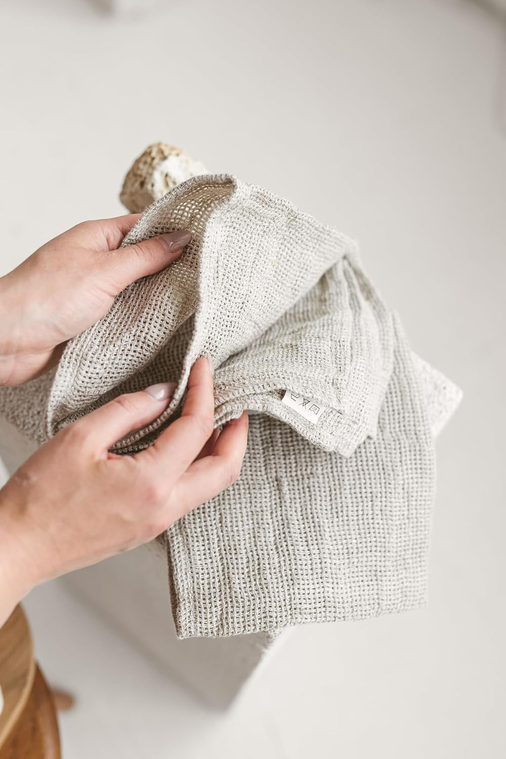 100% Linen Kitchen Towels -  13X29-Inch Waffle Weave Hand Towels for Bathroom Soft Lightweight Stonewashed Tea Towel Set of 2 Natural Quick-Drying Boho Decor