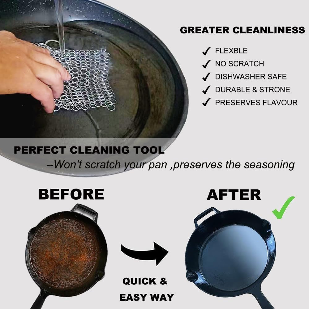 Cast Iron Skillet & Pot Cleaner. Stainless Steel Chainmail Scrubber for Cast Iron Pans, Glassware, Dutch Oven, Skillet, Wok and More 