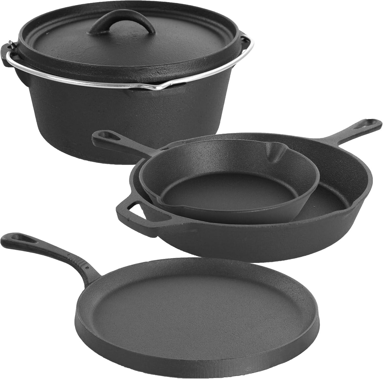 Megachef 5 Piece Cast Iron Kitchen Cookware Set W/Pot, Pan & Skillet, Pre-Seasoned, Black