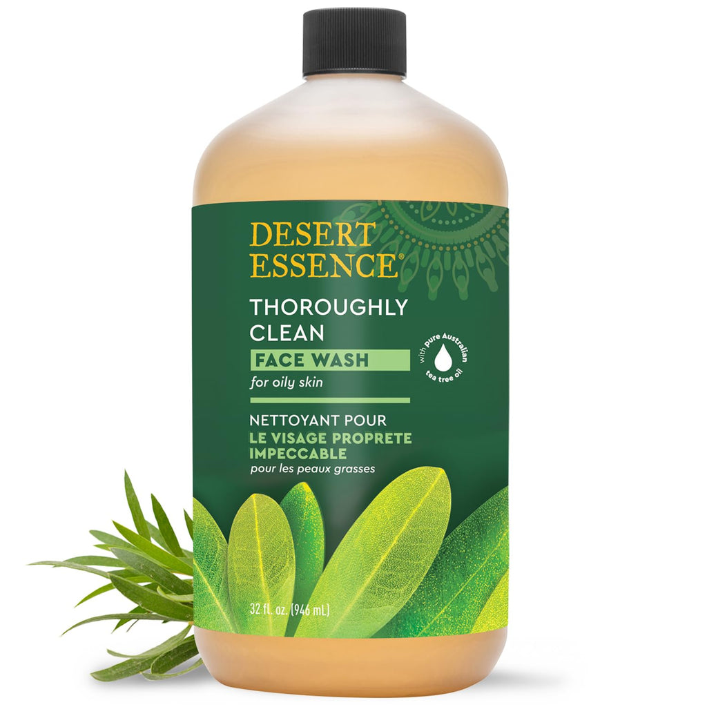 Desert Essence Face Wash with Tea Tree Oil, Castile Soap and Coconut Oil - Organic Facial Cleanser for Sensitive and Oily Skin, Vegan & Cruelty-Free, 32 Fl Oz