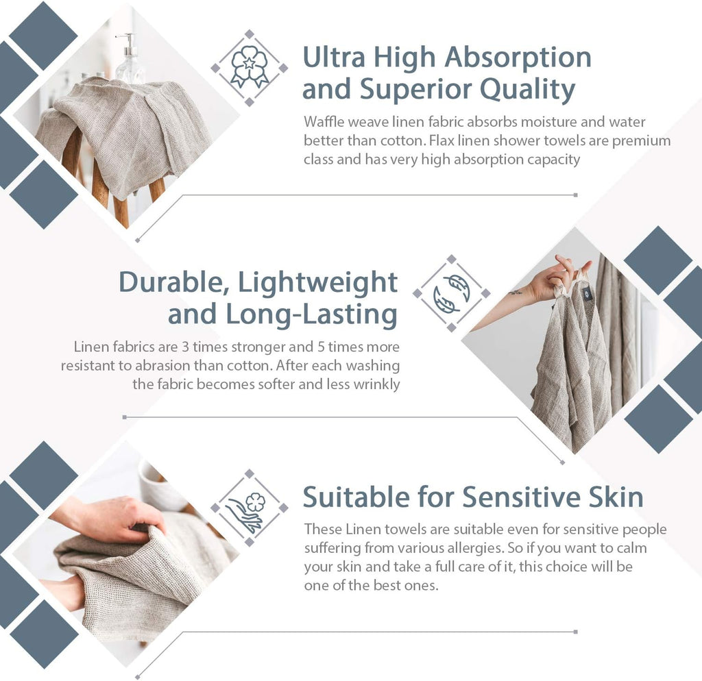 100% Linen Kitchen Towels -  13X29-Inch Waffle Weave Hand Towels for Bathroom Soft Lightweight Stonewashed Tea Towel Set of 2 Natural Quick-Drying Boho Decor