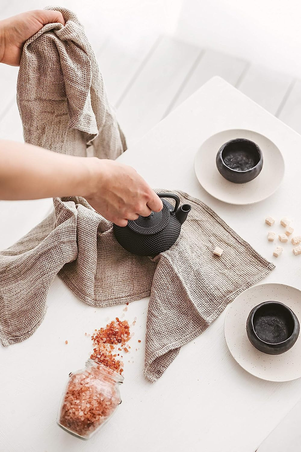 100% Linen Kitchen Towels -  13X29-Inch Waffle Weave Hand Towels for Bathroom Soft Lightweight Stonewashed Tea Towel Set of 2 Natural Quick-Drying Boho Decor