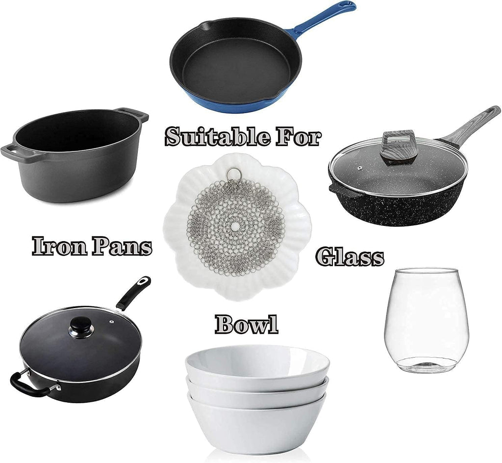 Cast Iron Skillet & Pot Cleaner. Stainless Steel Chainmail Scrubber for Cast Iron Pans, Glassware, Dutch Oven, Skillet, Wok and More 